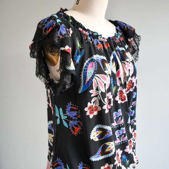 Dark Lacy Floral Paisley Printed Silk Lace Ruffle Sleeve Blouse - Picture 2 of 10